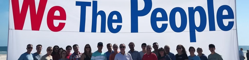 We The People Florida members gathered at a beach rally holding a large 'We The People' banner